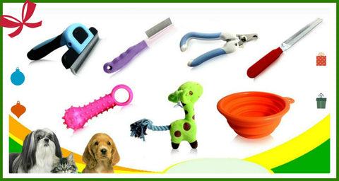 Dog Grooming Tools-Medium-Pets Up to 30 Lbs-Deshedding,nail clipper,rasp,flea comb, teeth massager, folding bowl,giraffe toy,